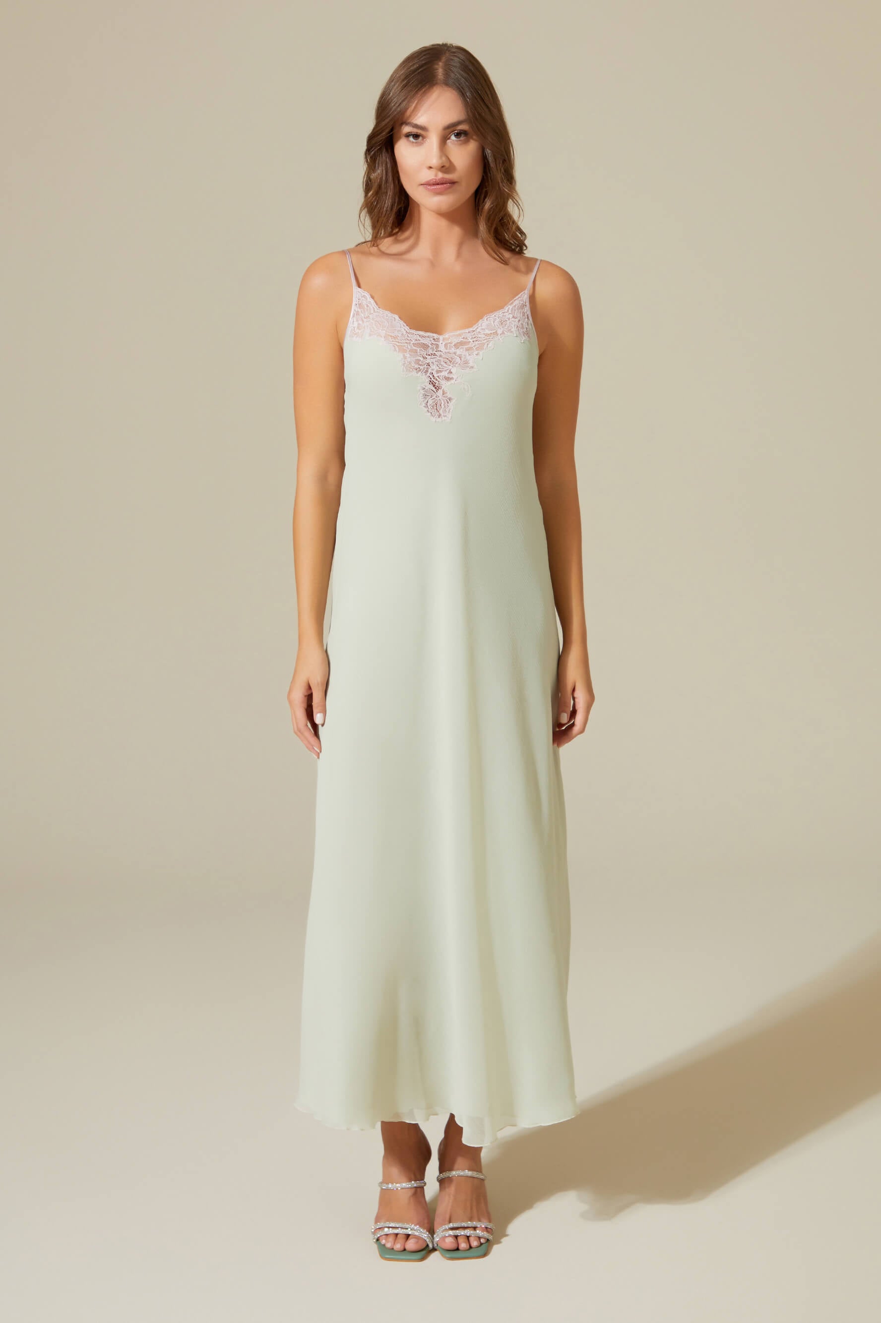 Darlene Long Double Layered Silk Chiffon Nightgown - Pink Lace on Sage Green