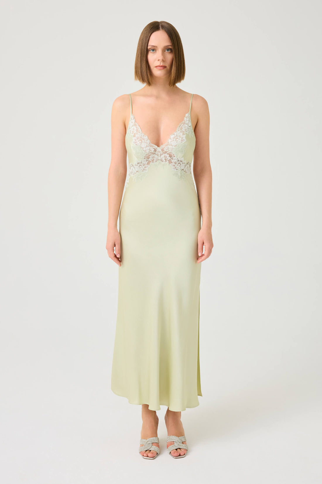 Caroline Long Rayon Nightgown with Light Green Lace on Light Green