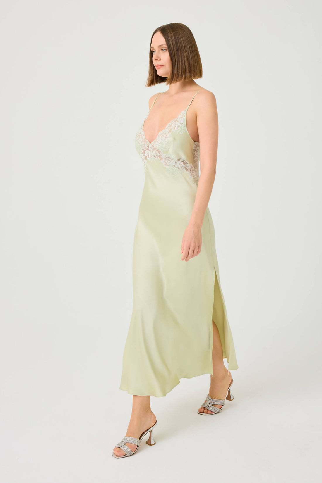 Caroline Long Rayon Nightgown with Light Green Lace on Light Green