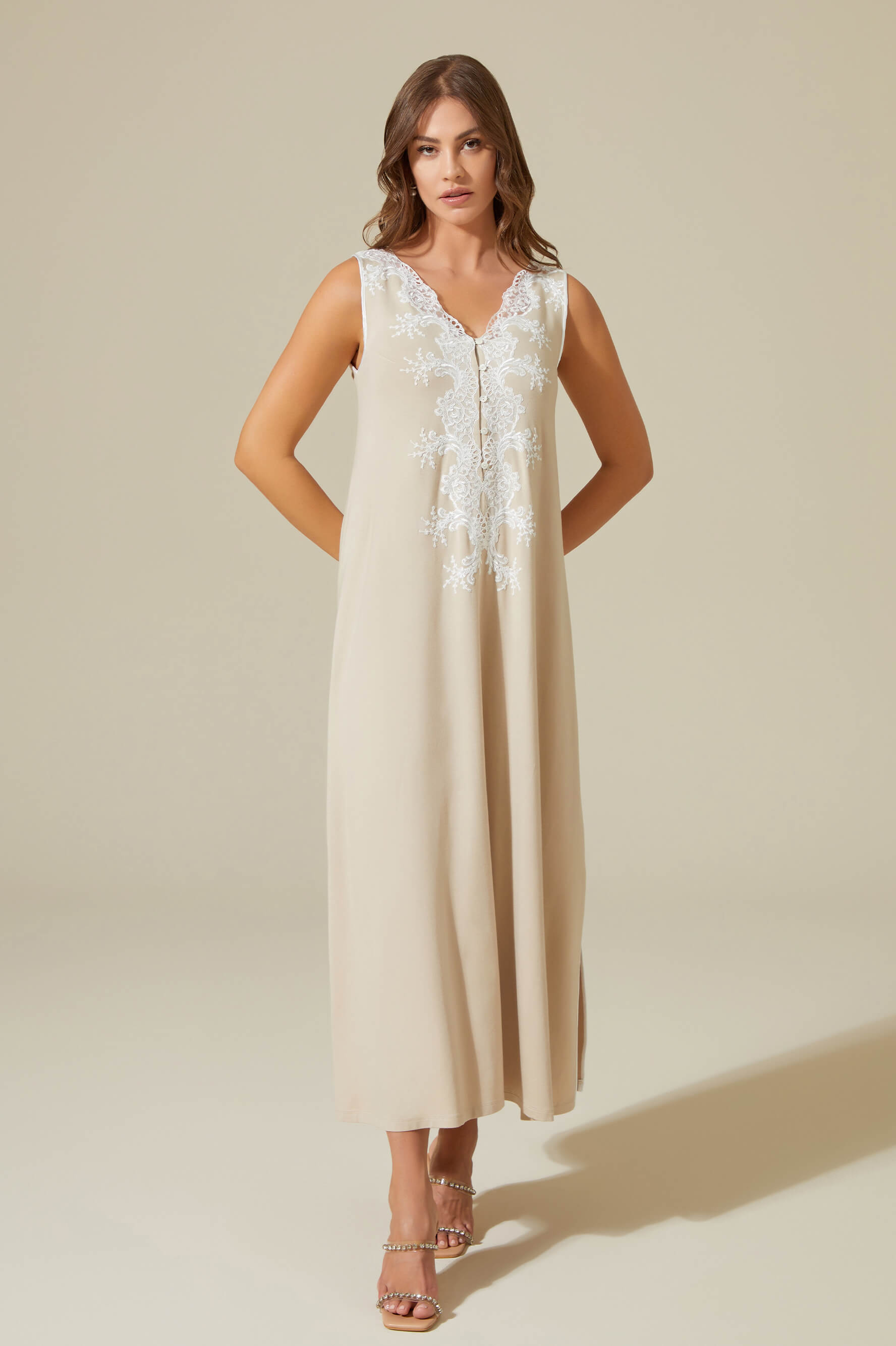 Luna Long Trimmed and Buttoned Cotton Nightgown - Off White on Beige
