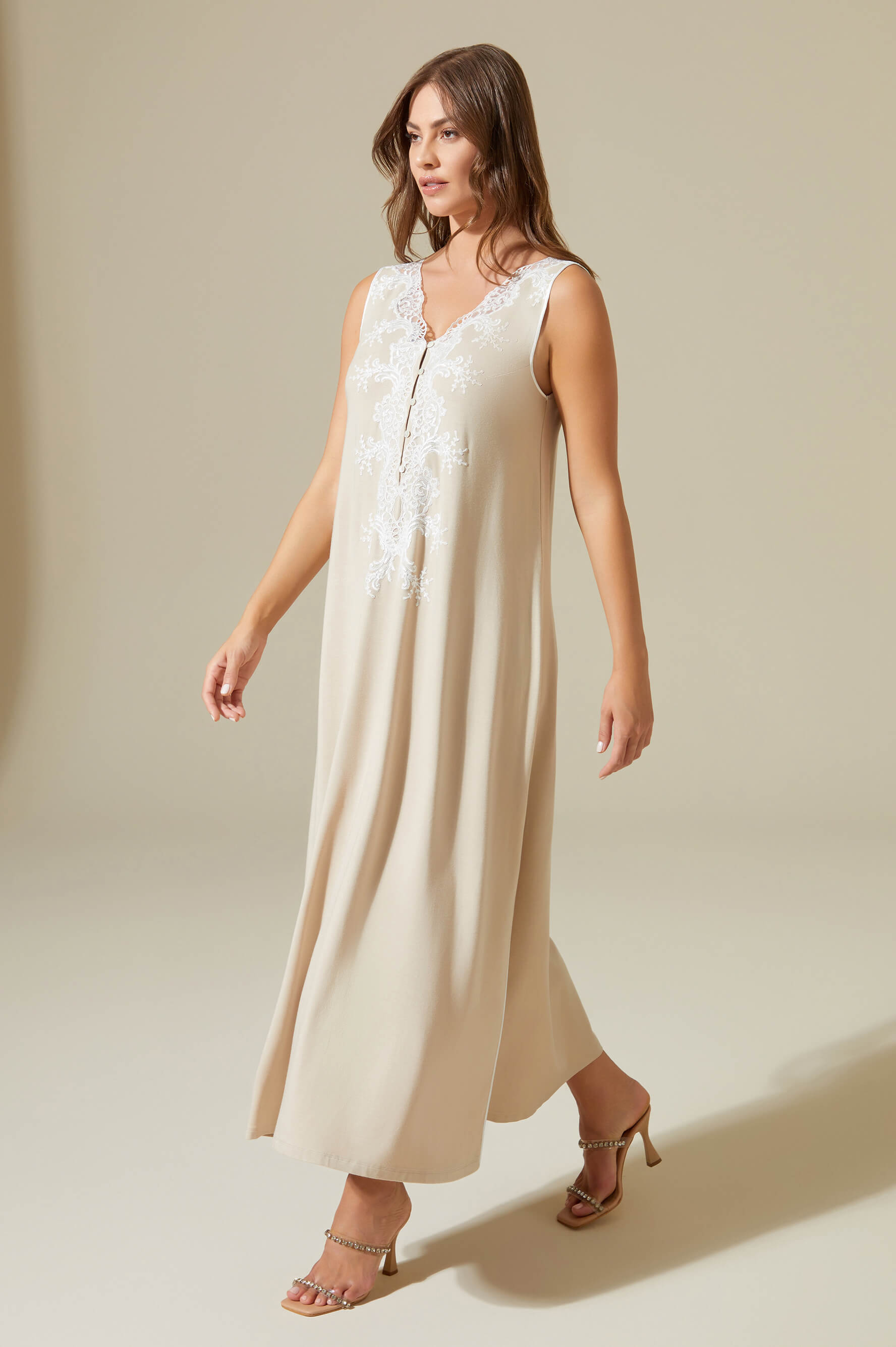 Luna Long Trimmed and Buttoned Cotton Nightgown - Off White on Beige