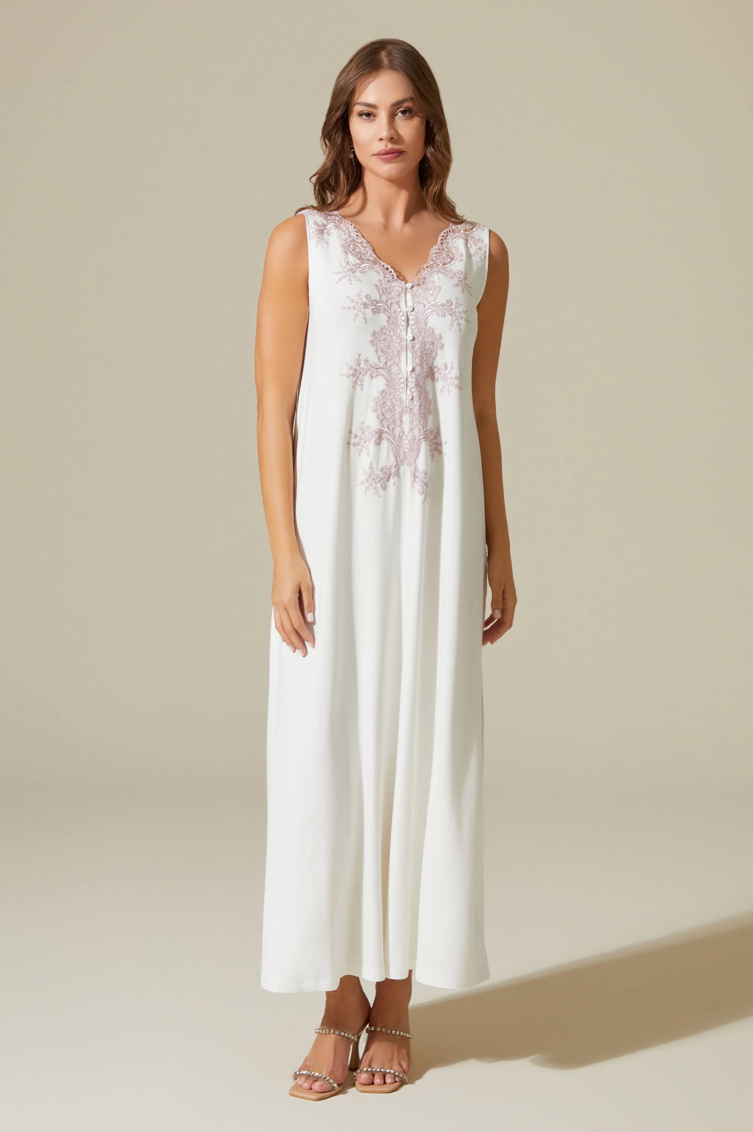 Luna Long Trimmed and Buttoned Cotton Nightgown - Powder on Off White