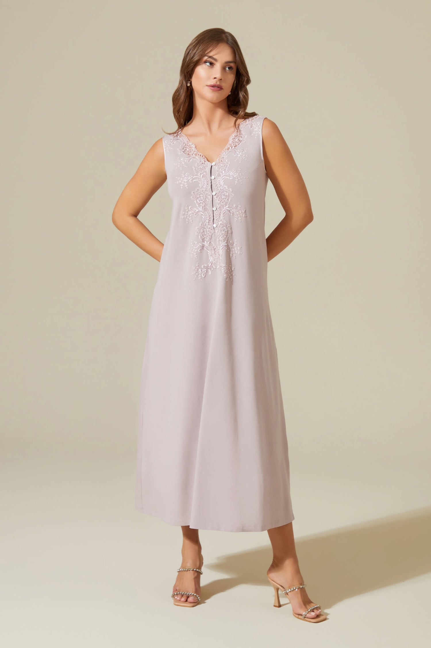 Luna Long Trimmed and Buttoned Cotton Nightgown - Powder on Powder