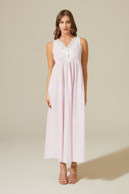 Anne Long Cotton Voile Nightgown with Buttons - Baby Pink