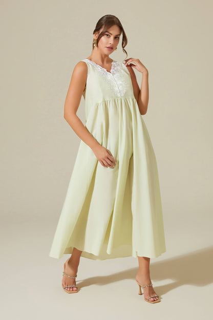 Anne Long Cotton Voile Nightgown with Buttons - Light Green