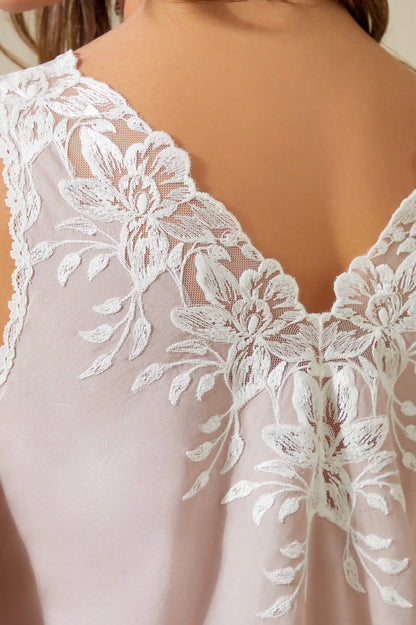 Maia - Trimmed Cotton Voile Long Sleeve Robe Set - Powder