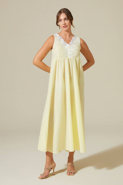 Anne Long Cotton Voile Nightgown with Buttons - Light Yellow