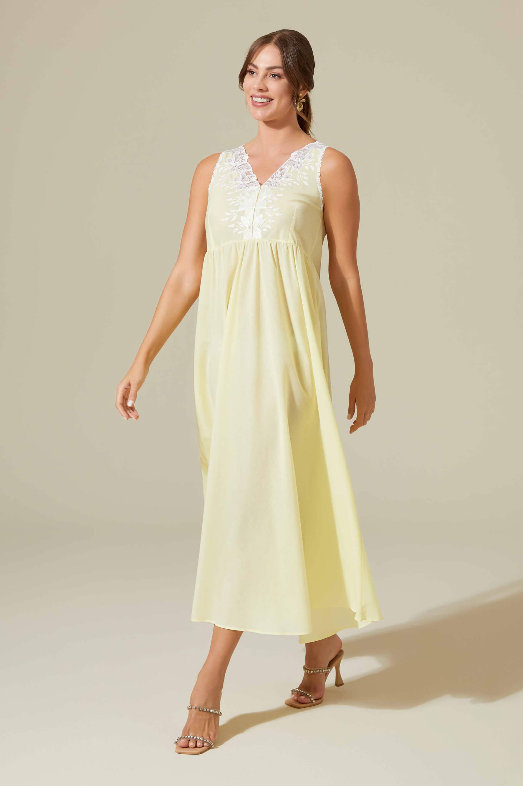 Maia - Trimmed Cotton Voile Long Sleeve Robe Set - Light Yellow