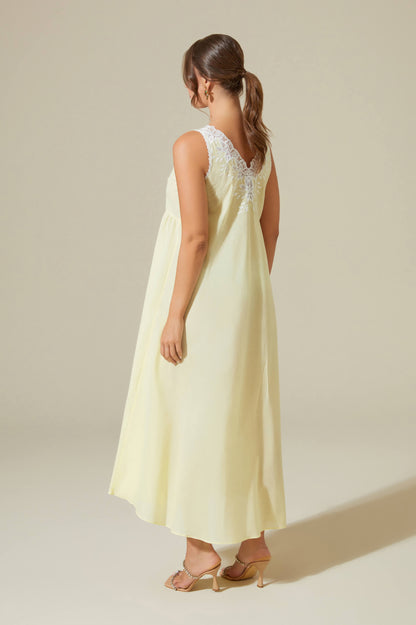 Anne Long Cotton Voile Nightgown with Butttons - Light Yellow