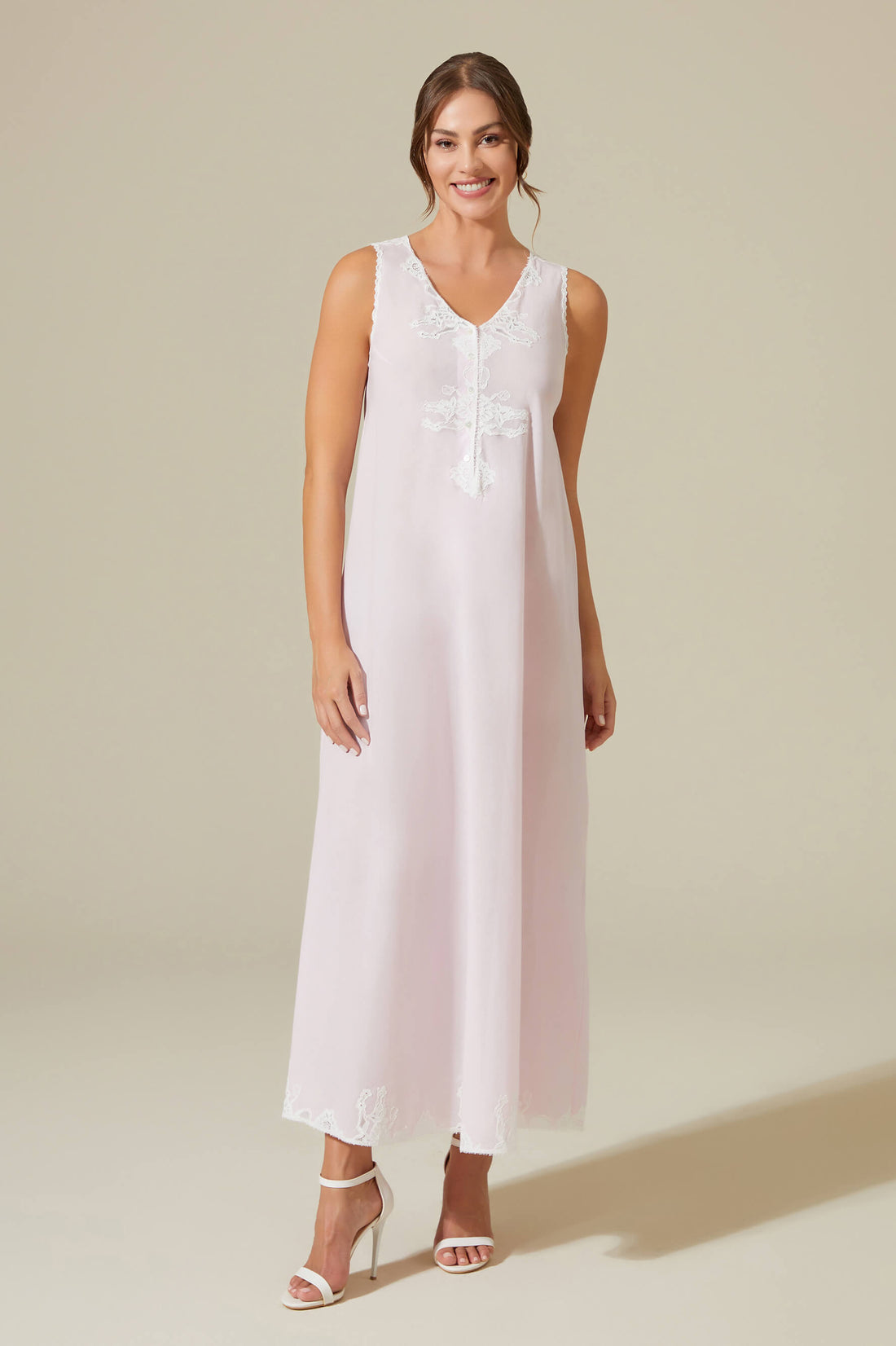 Celia Long Cotton Voile Nightgown with Buttons - Baby Pink