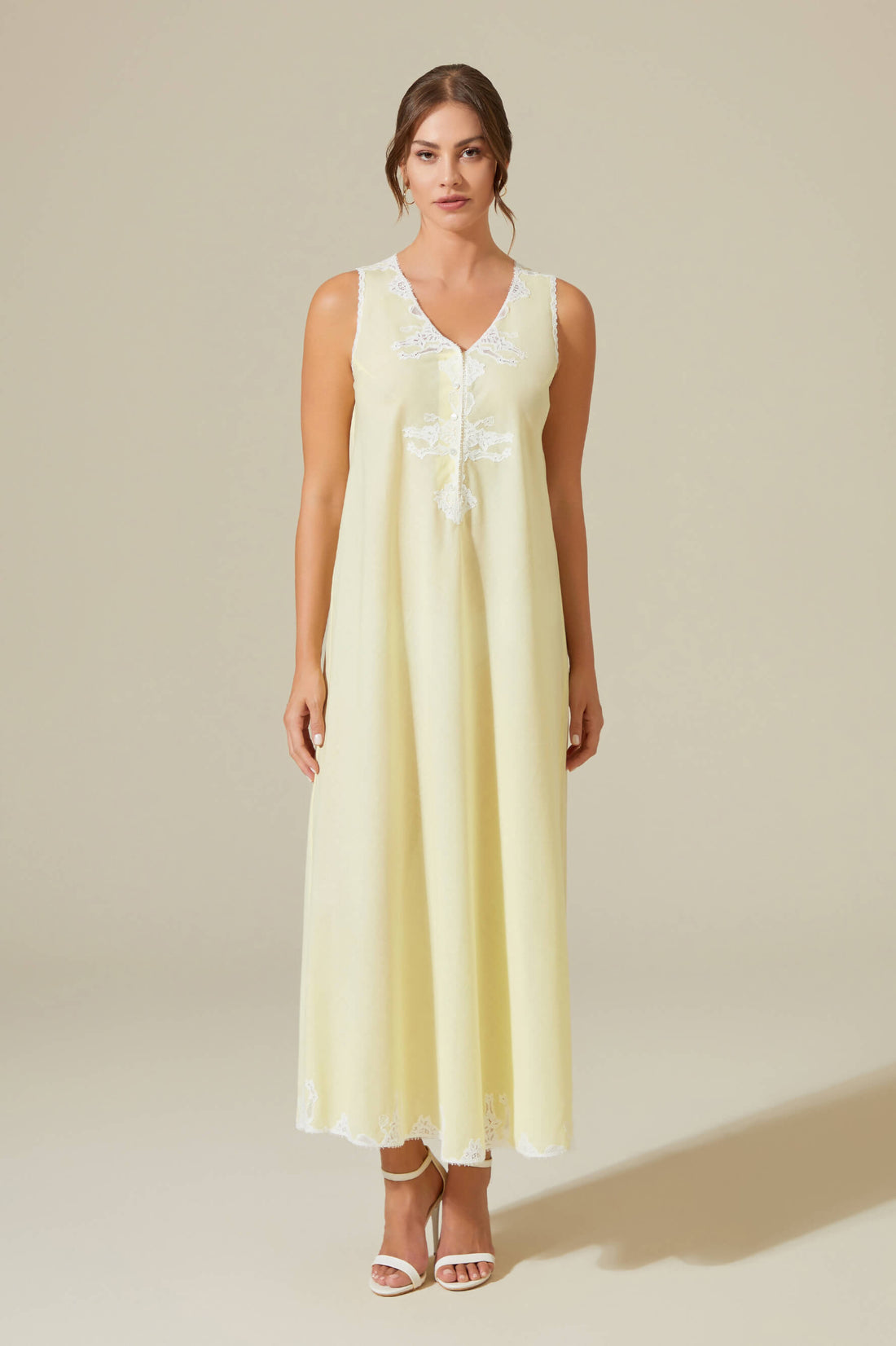 Celia Long Cotton Voile Nightgown with Butttons - Baby Yellow