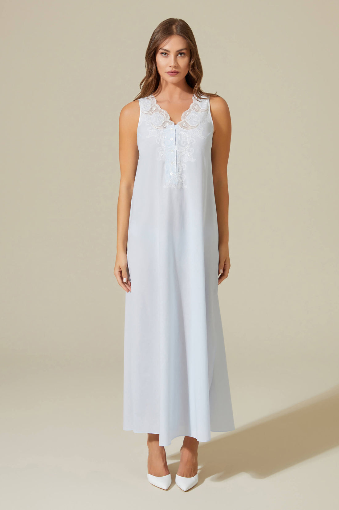 Charm Long Cotton Voile Nightgown with Butttons - Baby Blue