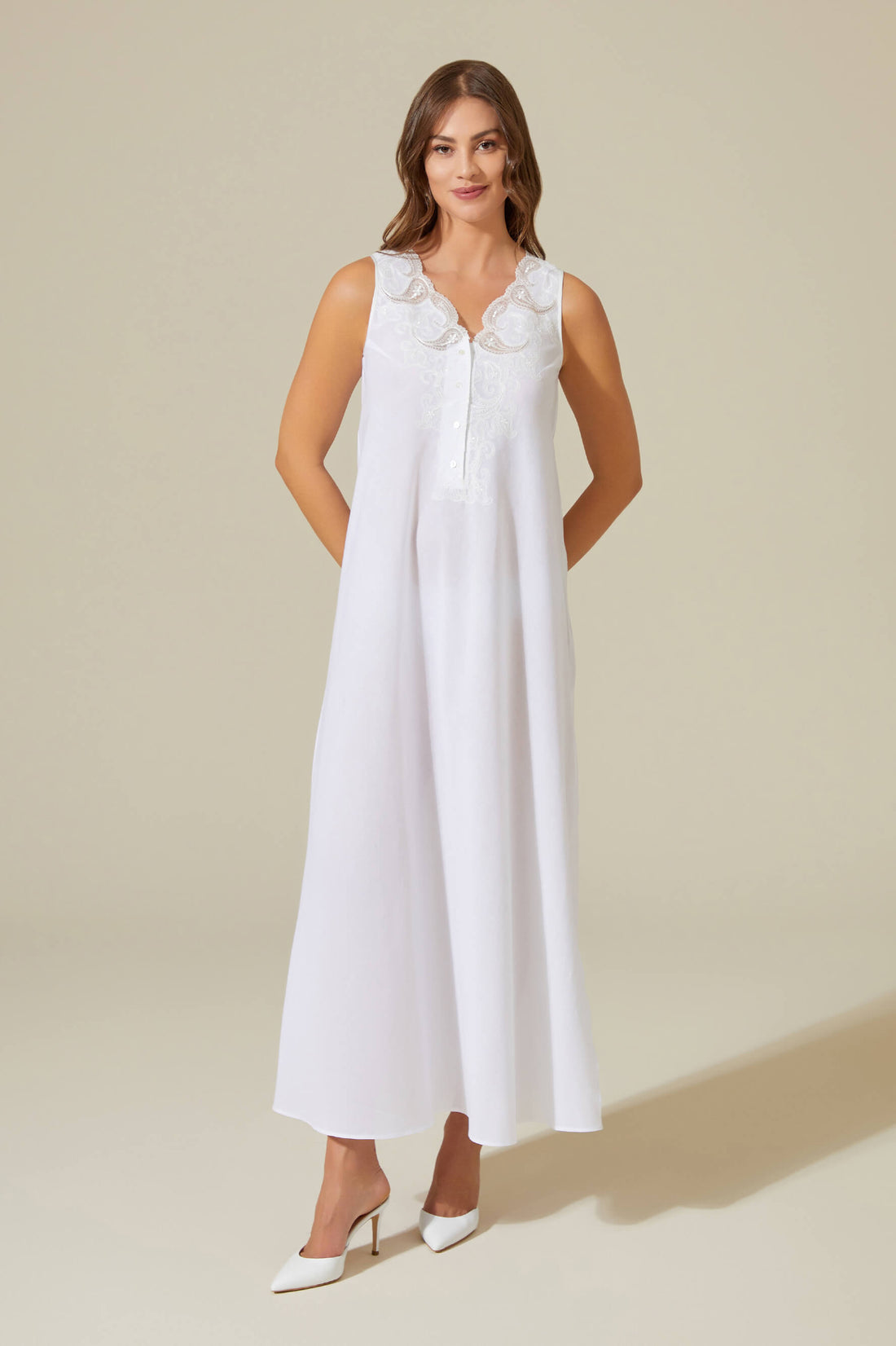 Charm  Long Cotton Voile Nightgown with Butttons -Off White