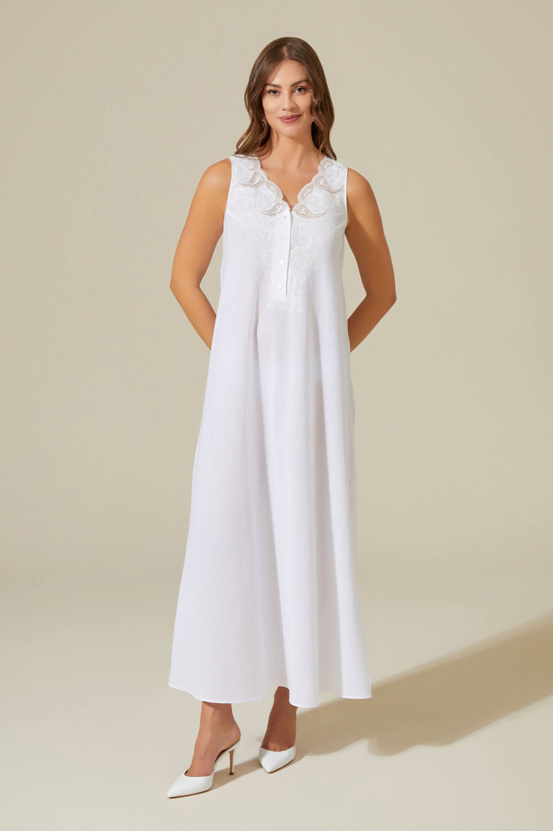 Charm Long Cotton Voile Nightgown with Buttons -Off White