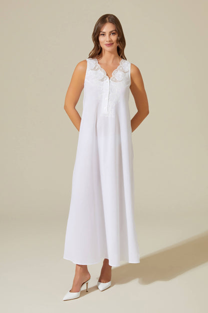 Charm  Long Cotton Voile Nightgown with Buttons -Off White