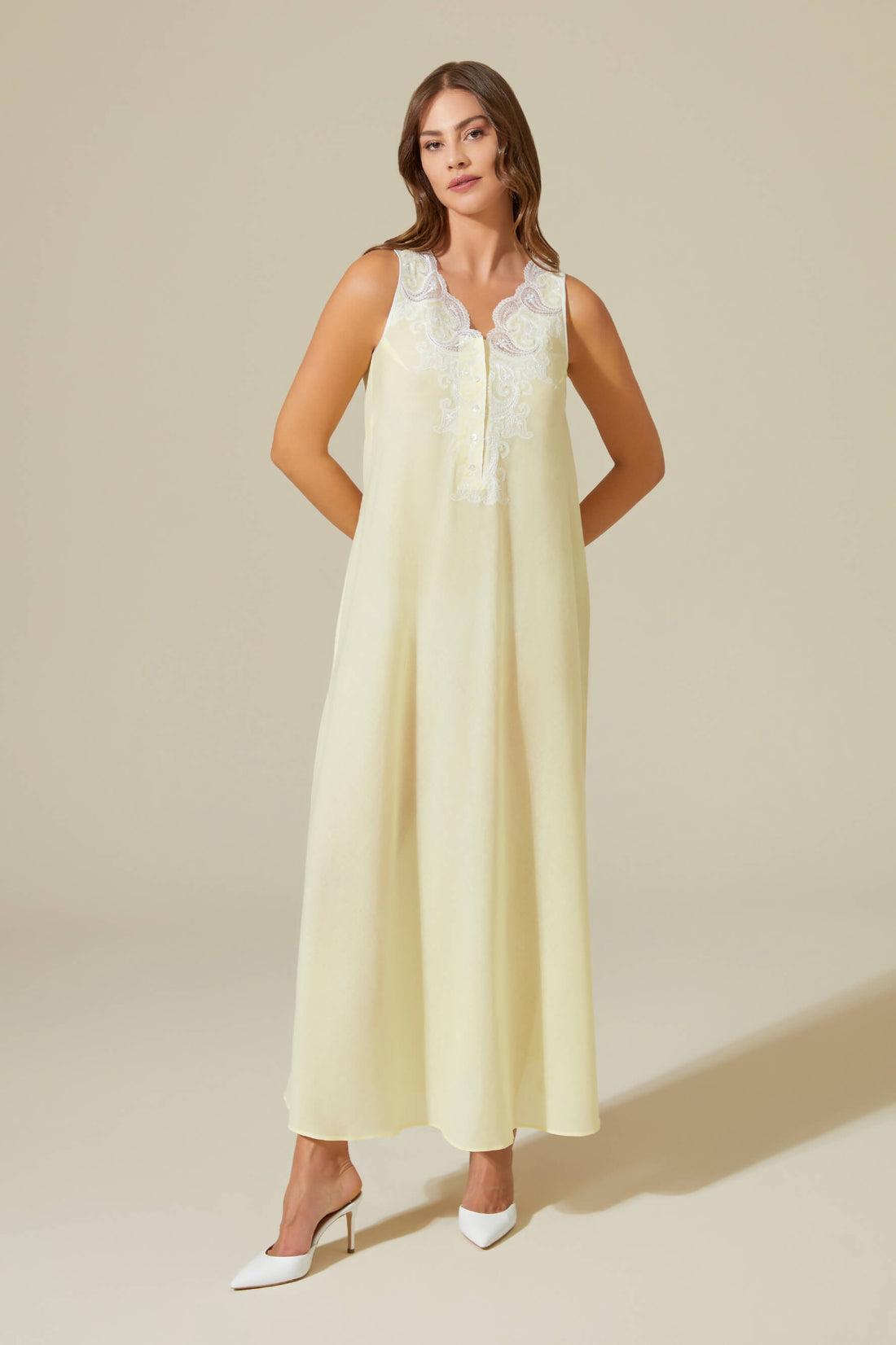 Charm Long Cotton Voile Nightgown with Butttons - Light Yellow