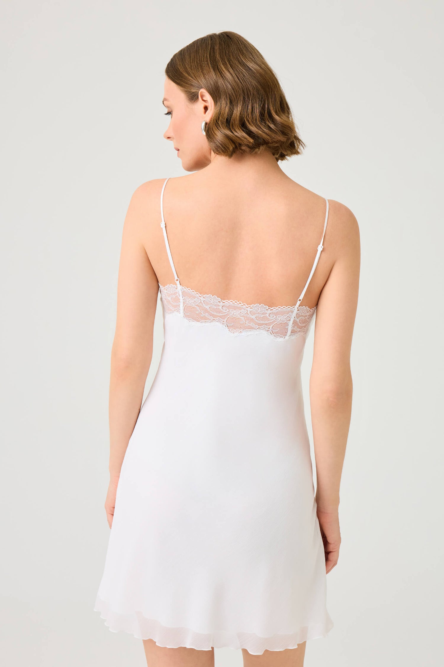 Miss Darlene Short Silky Chiffon Nightgown with Silver Lace on Off White
