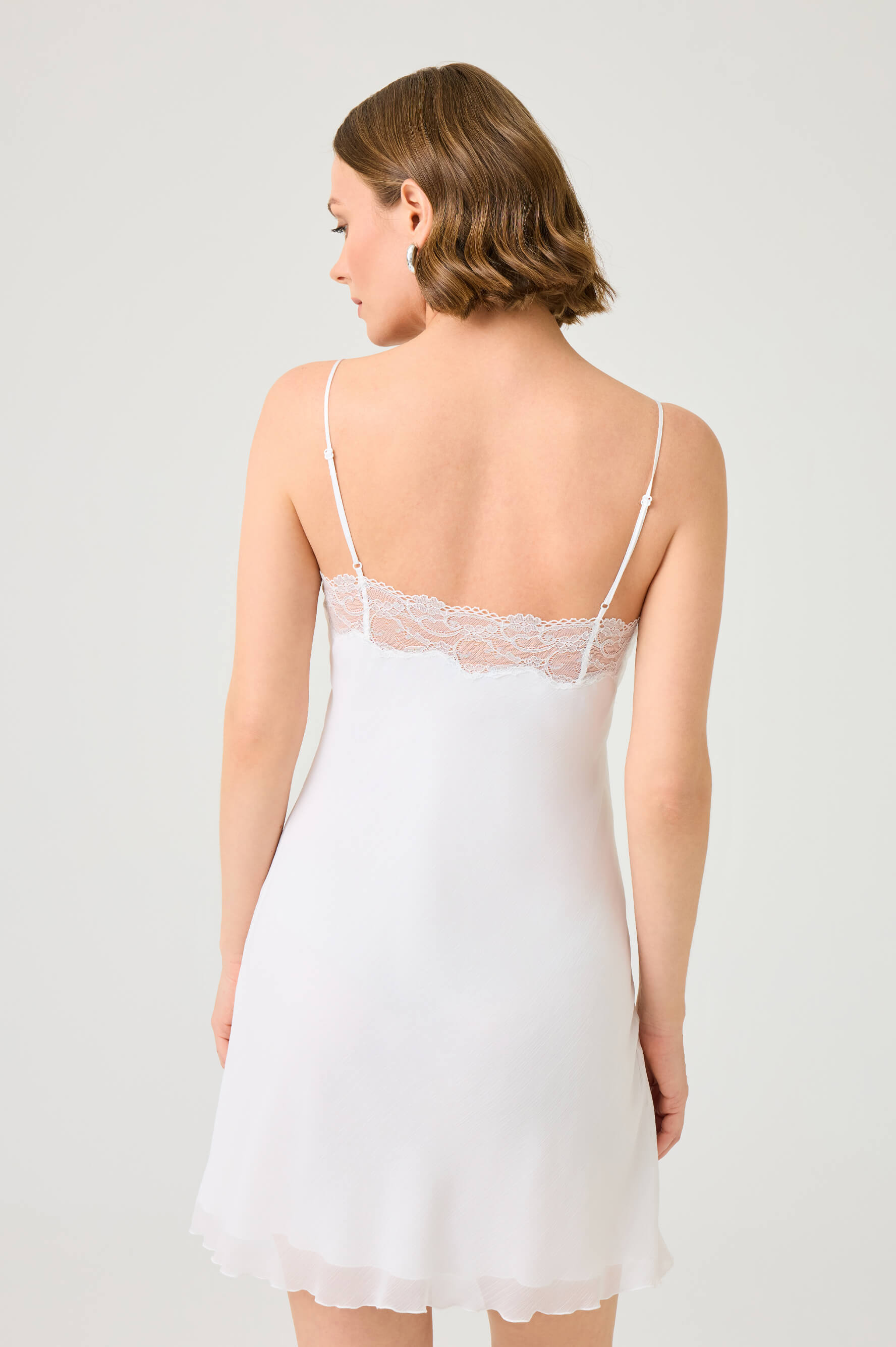 Miss Darlene Short Silky Chiffon Nightgown with Silver Lace on Off White