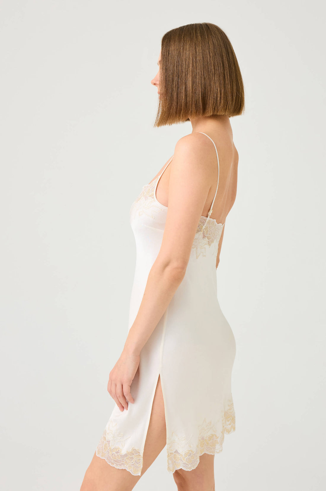 Jewel Short Rayon Nightgown with Gold Lace on Off White