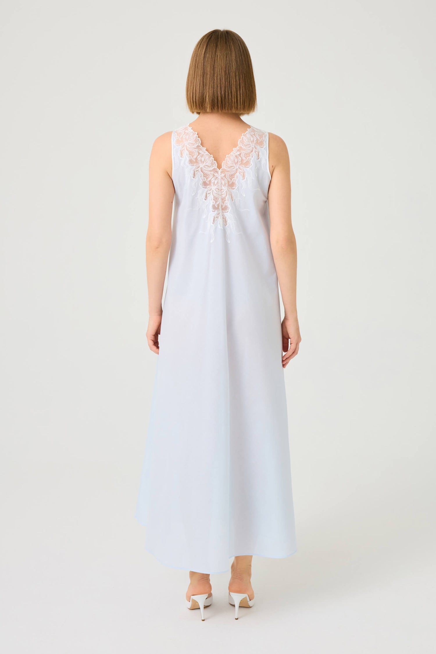 Clariss Long Cotton Voile Nightgown with Off White Lace on Baby Blue