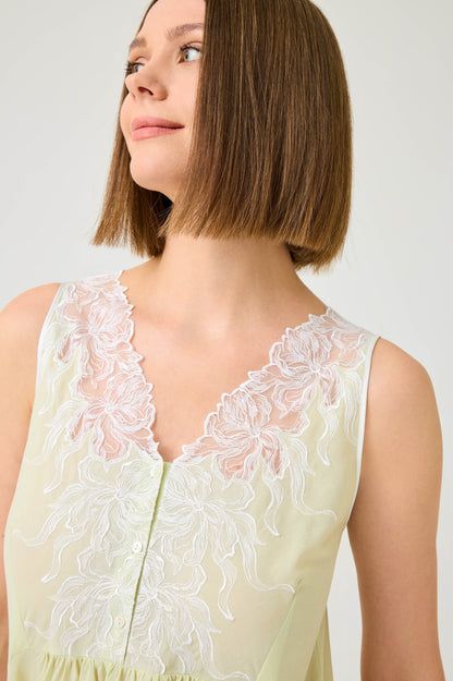 Clariss Long Cotton Voile Nightgown with Off White Lace on Light Green