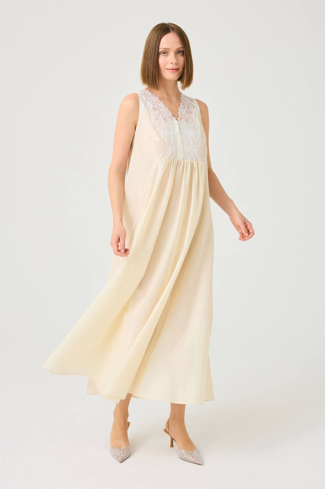 Clariss Long Cotton Voile Nightgown with Off White Lace on Honey