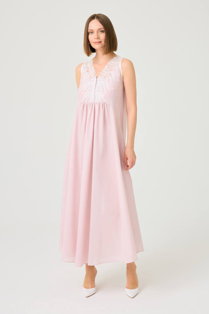 Liliane Long Cotton Voile Robe Set with Off White Lace on Powder