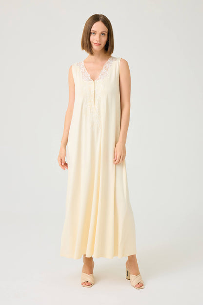 Solenne Long Cotton Jersey Robe Set with Honey Lace on Honey