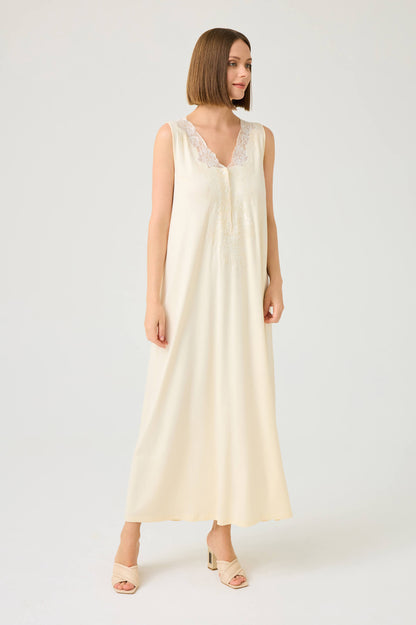 Solenne Long Cotton Jersey Robe Set with Honey Lace on Honey