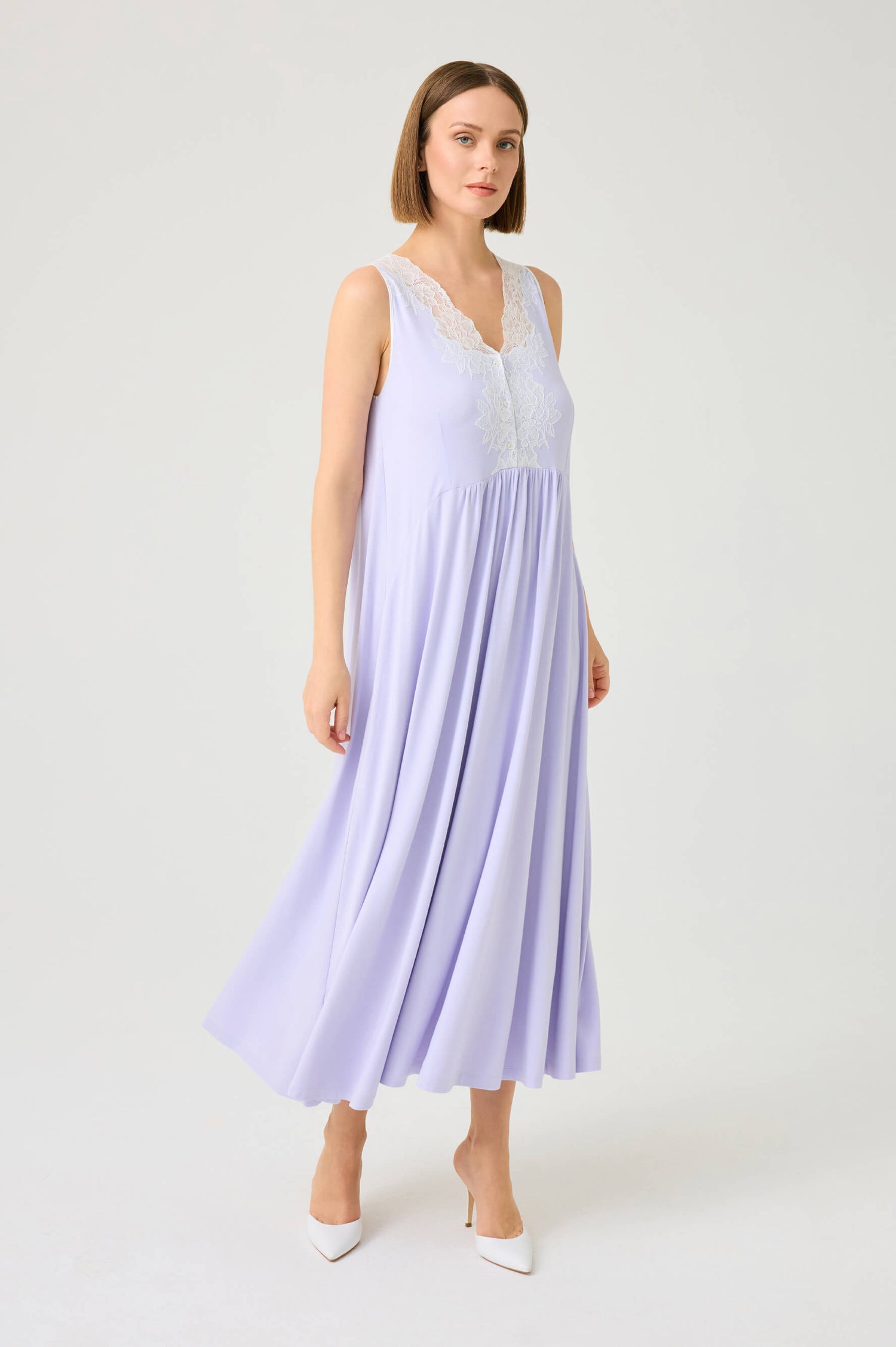 Mimie Long Cotton Jersey Nightgown with Off White Lace on Lilac