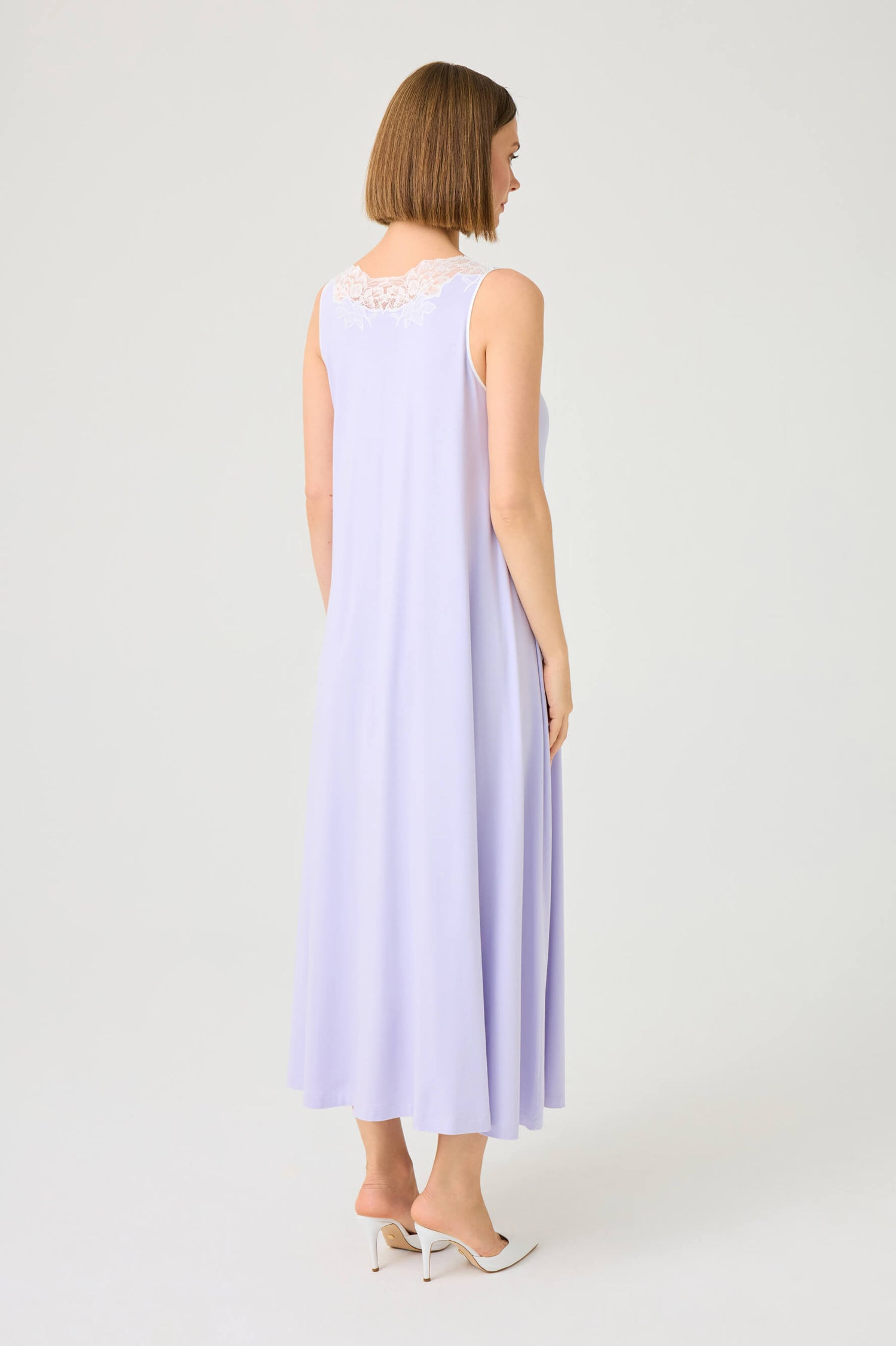 Mimie Long Cotton Jersey Nightgown with Off White Lace on Lilac
