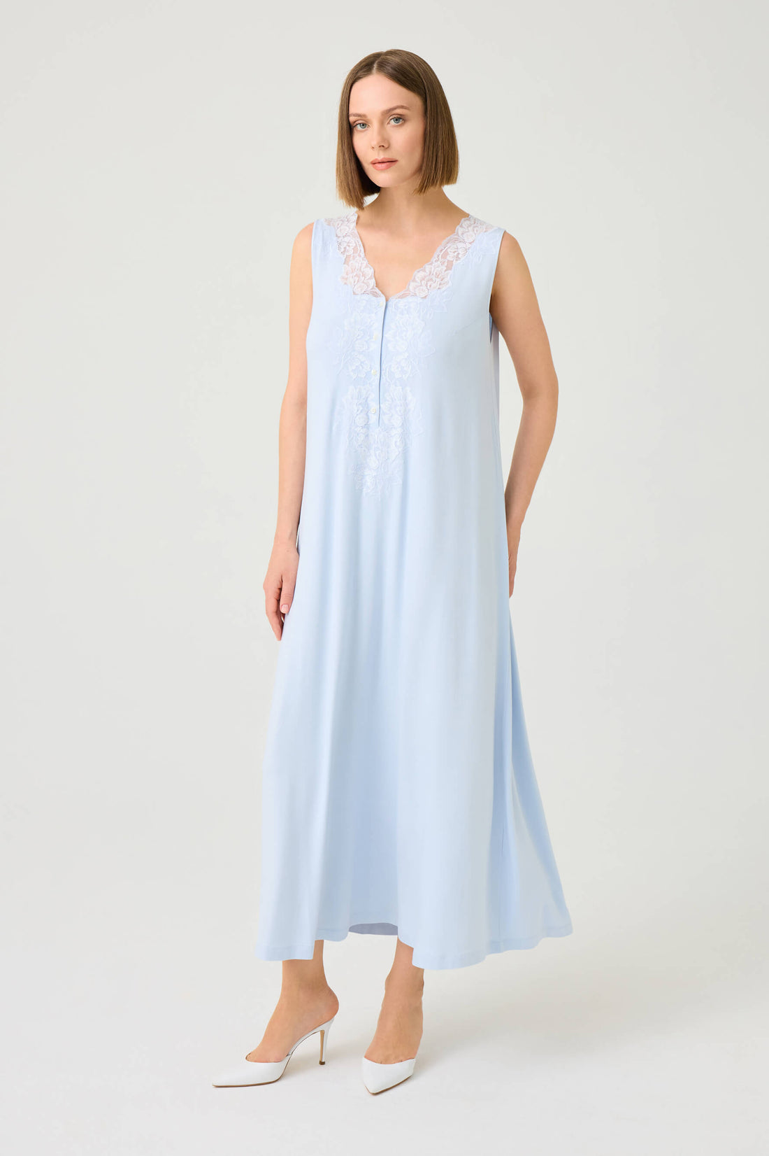Vivi Long Cotton Jersey Nightgown with Ice Blue Lace on Baby Blue