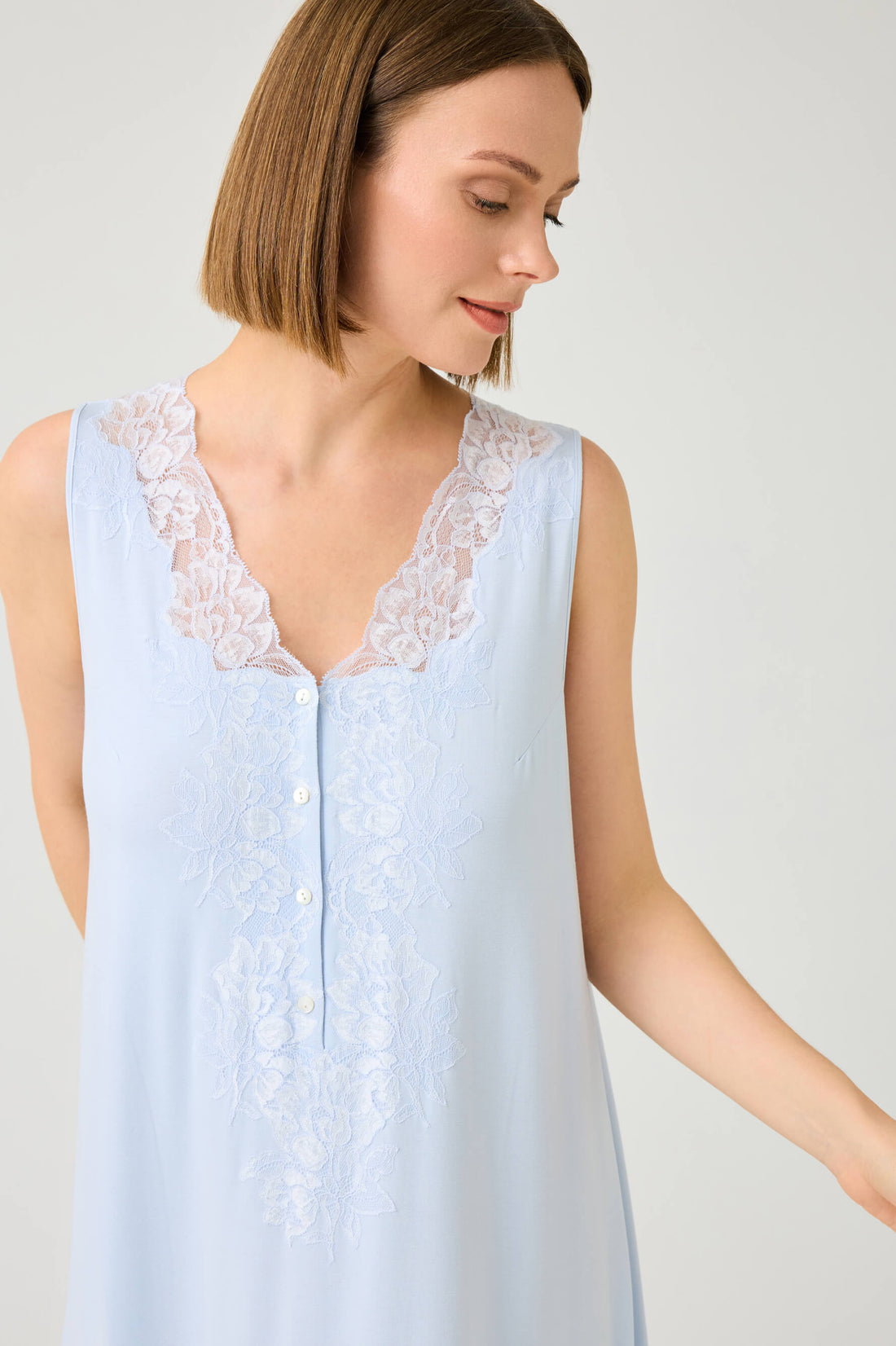 Vivi Long Cotton Jersey Nightgown with Ice Blue Lace on Baby Blue