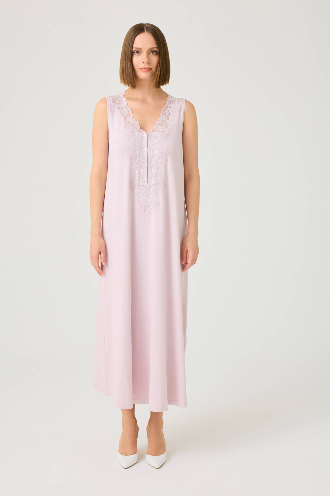 Vivi Long Cotton Jersey Nightgown with Powder Lace on Powder