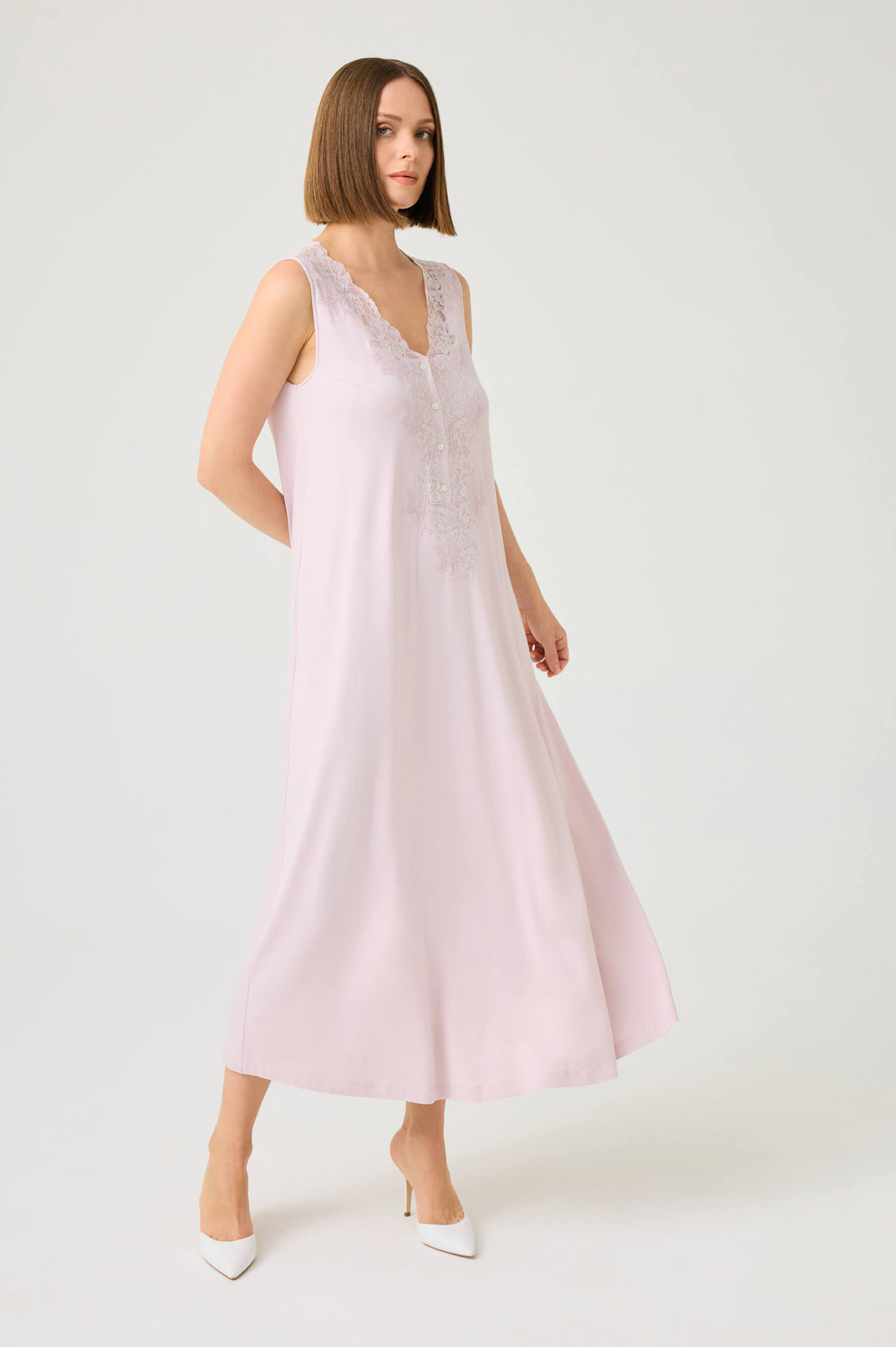 Vivi Long Cotton Jersey Nightgown with Powder Lace on Powder