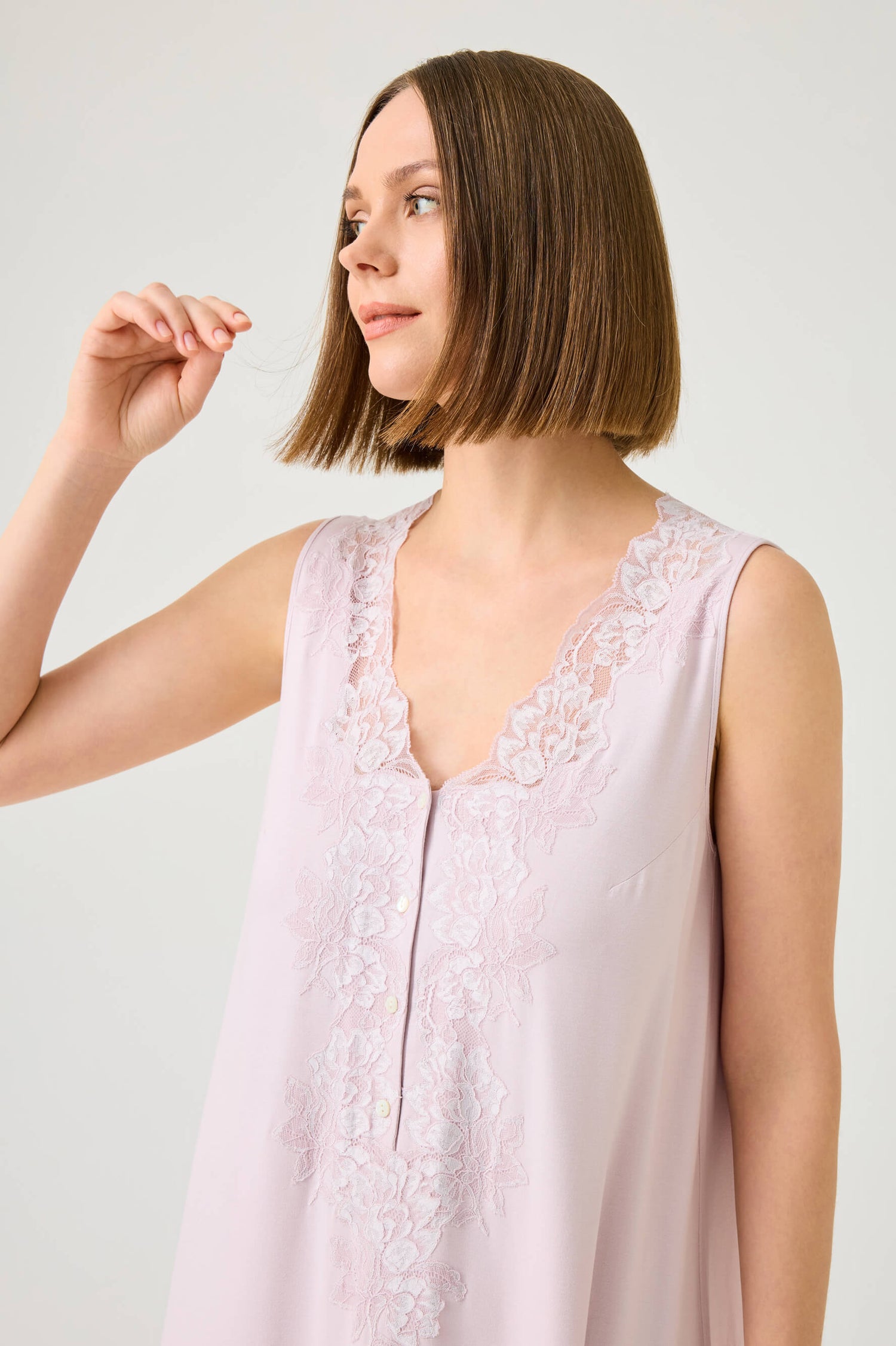 Solenne Long Cotton Jersey Robe Set with Powder Lace on Powder