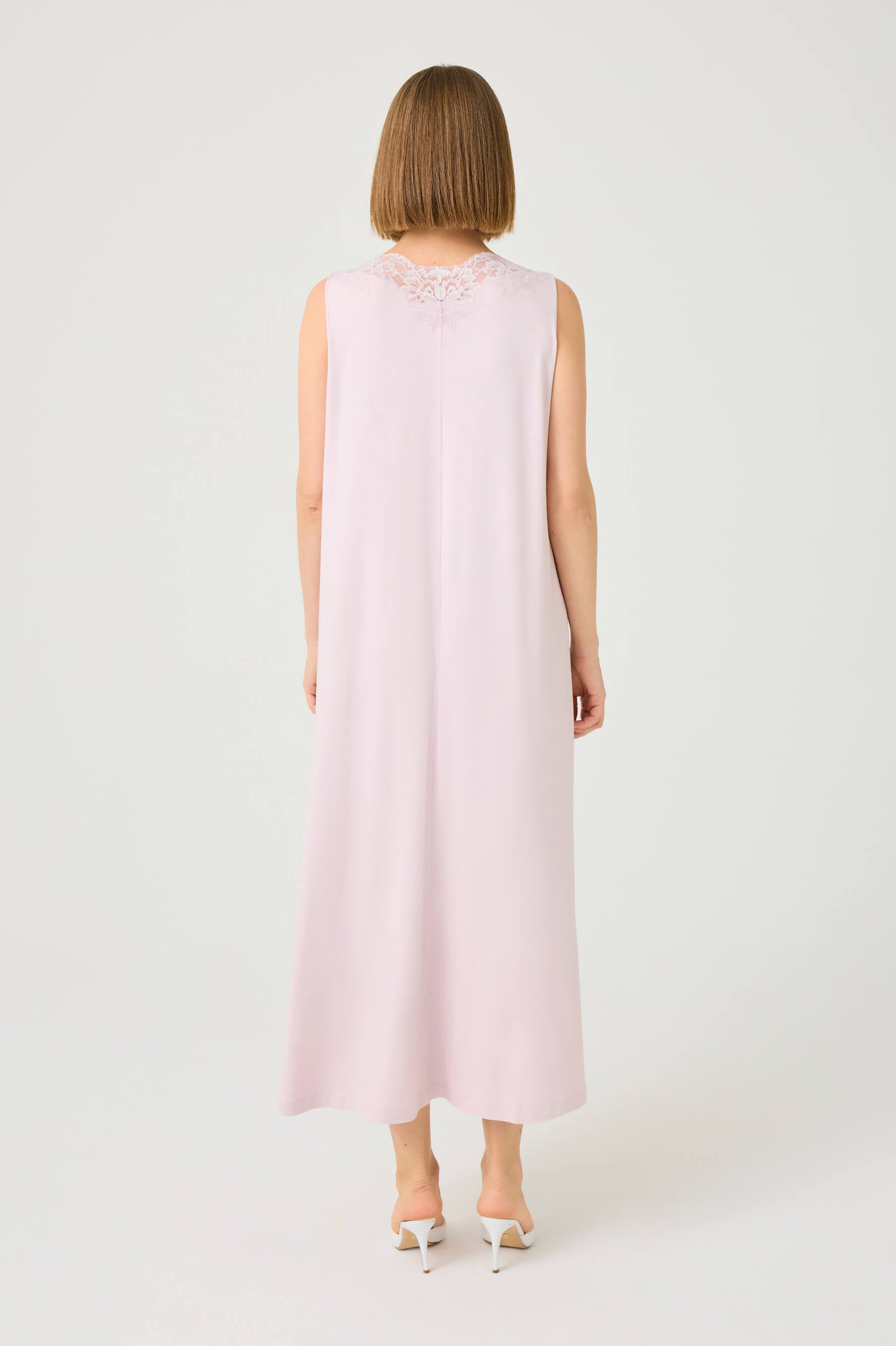 Solenne Long Cotton Jersey Robe Set with Powder Lace on Powder