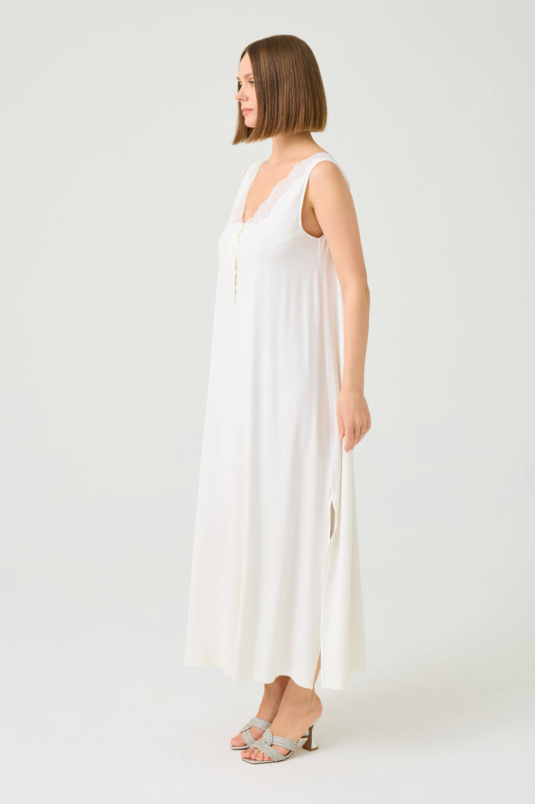 Vivi Long Cotton Jersey Nightgown with Off White Lace on Off White