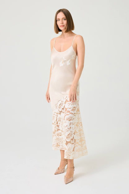 Dalia Long Rayon Robe Set with Beige Lace on Beige