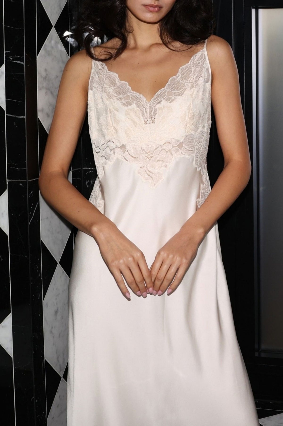 Beige sleeveless nightgown with beige lace from a new collection launched by Bocan
