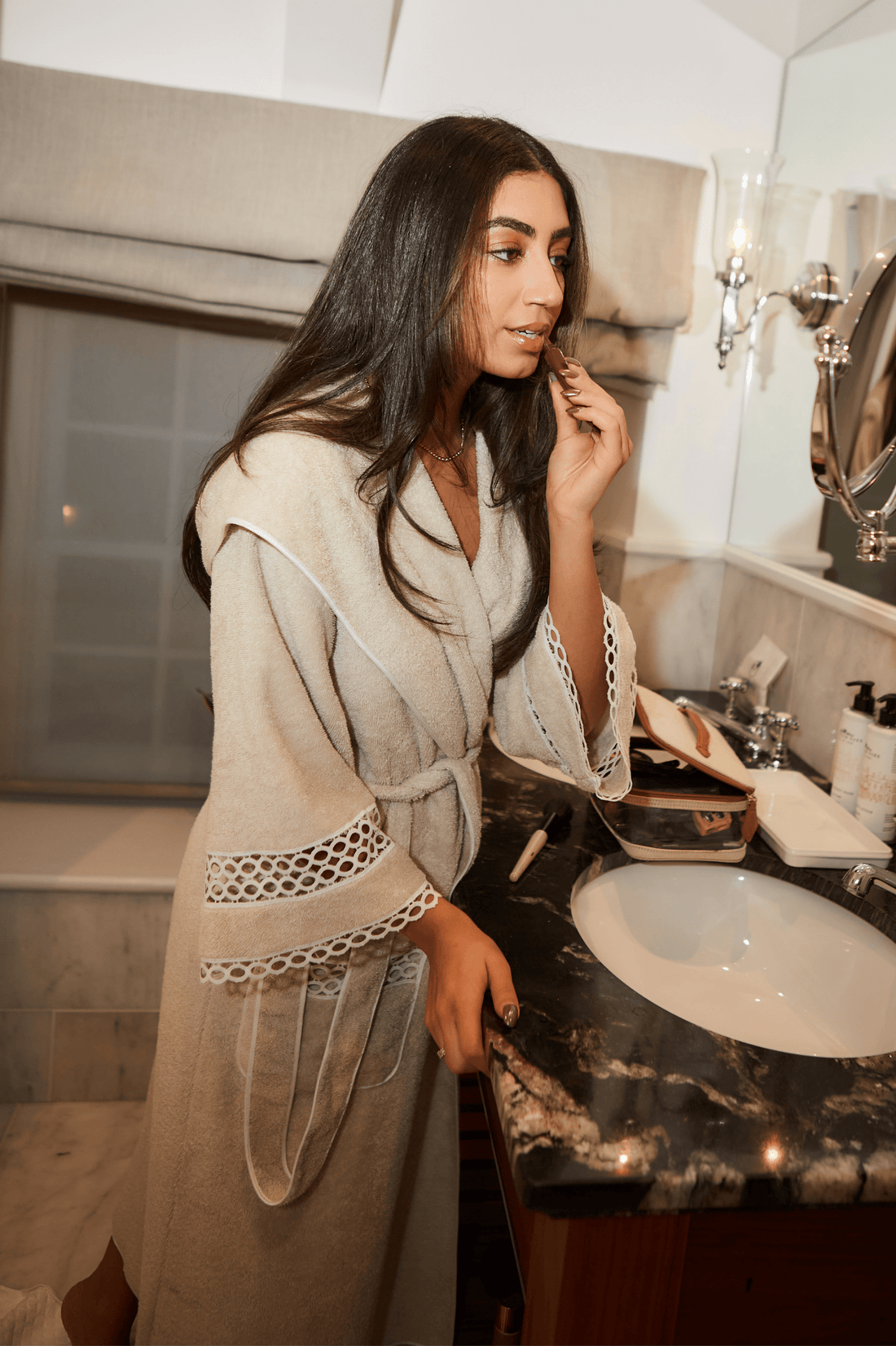 Wadha Mid Length Cotton Trimmed Bathrobe - Beige