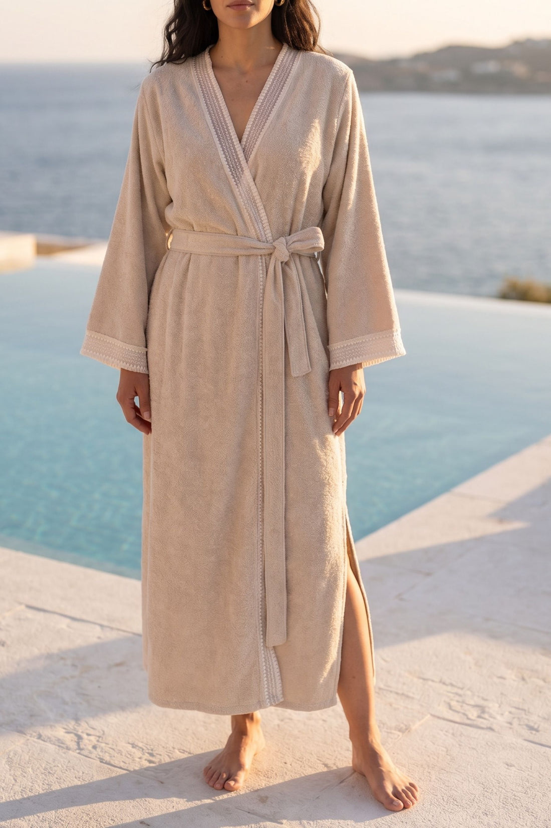 Luxury beige cotton towel bathrobe by Bocan Couture