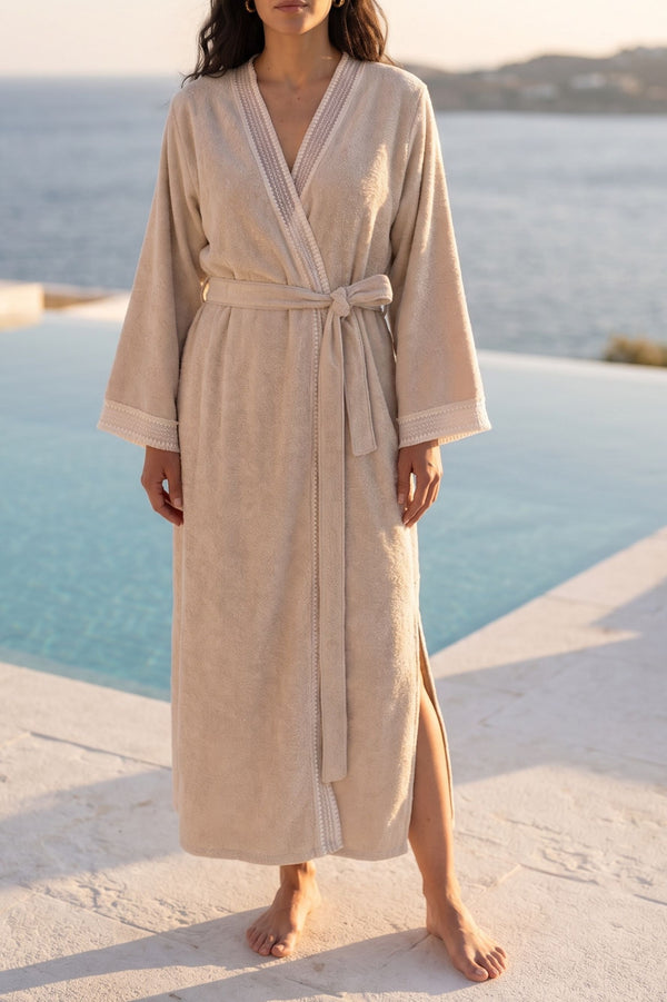Luxury beige cotton towel bathrobe by Bocan Couture