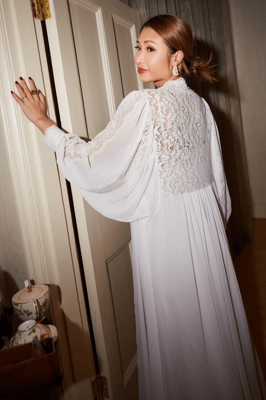 Ora - Long Silk Chiffon Robe Set - Golden Lace detail on White