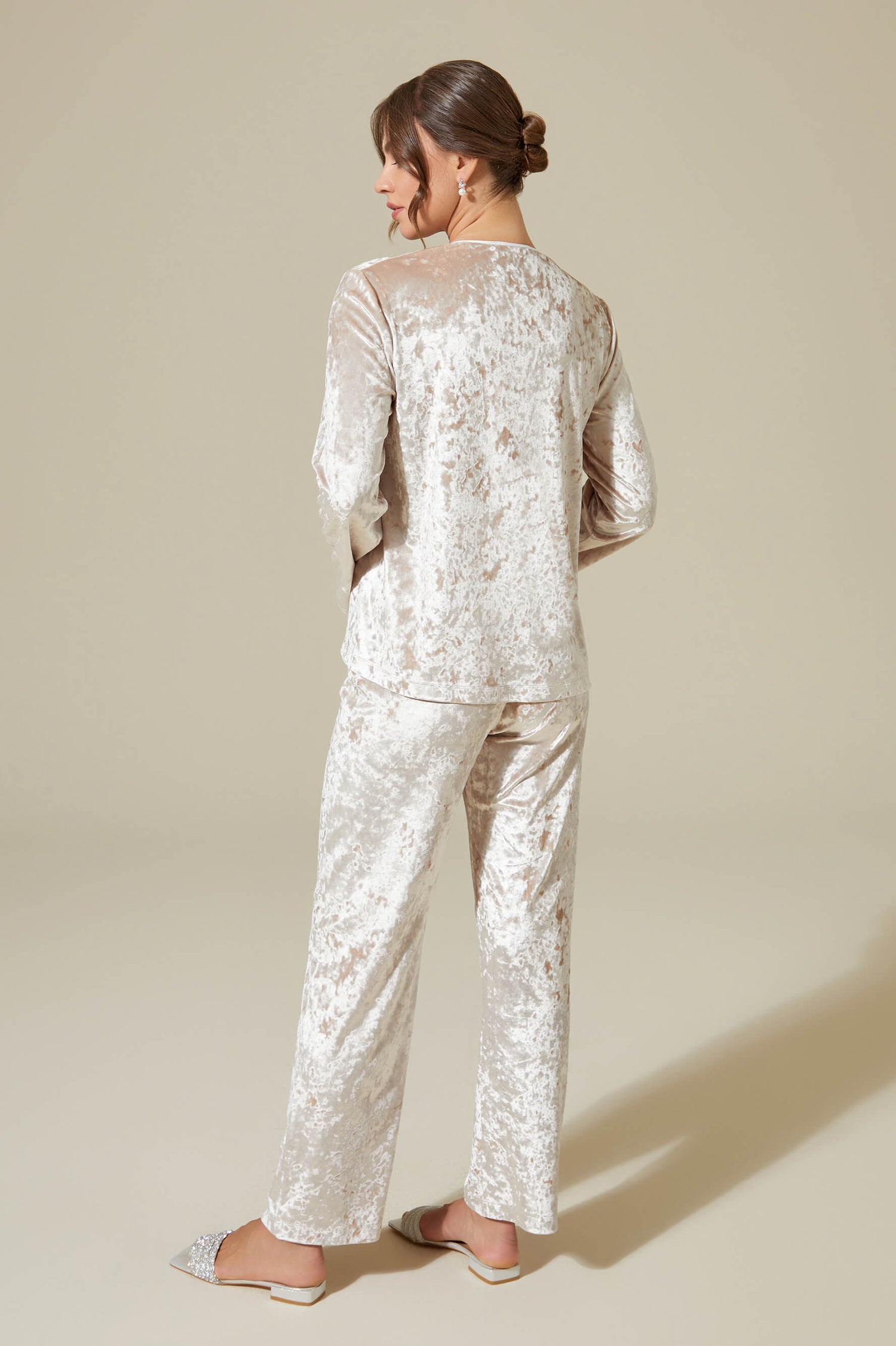 Latifa Trimmed and Buttoned Velvet PJ Set - Beige on Off White