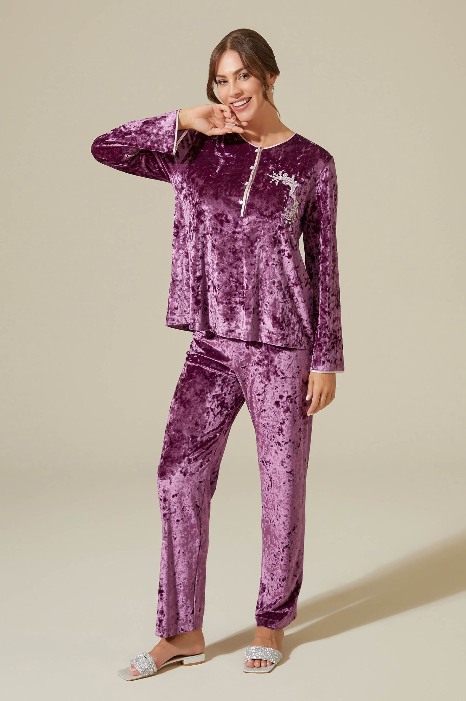 Latifa Trimmed and Buttoned Velvet PJ Set - Powder on Plum