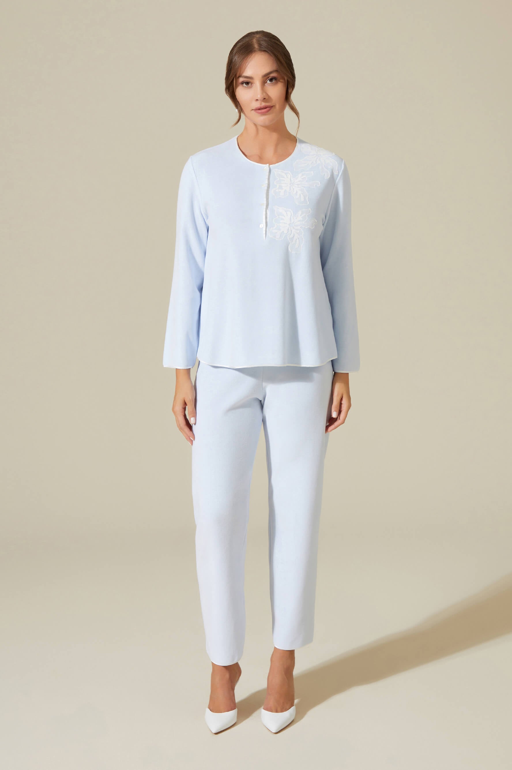 Maya Trimmed and Buttoned Velvet PJ Set - Off White on Baby Blue