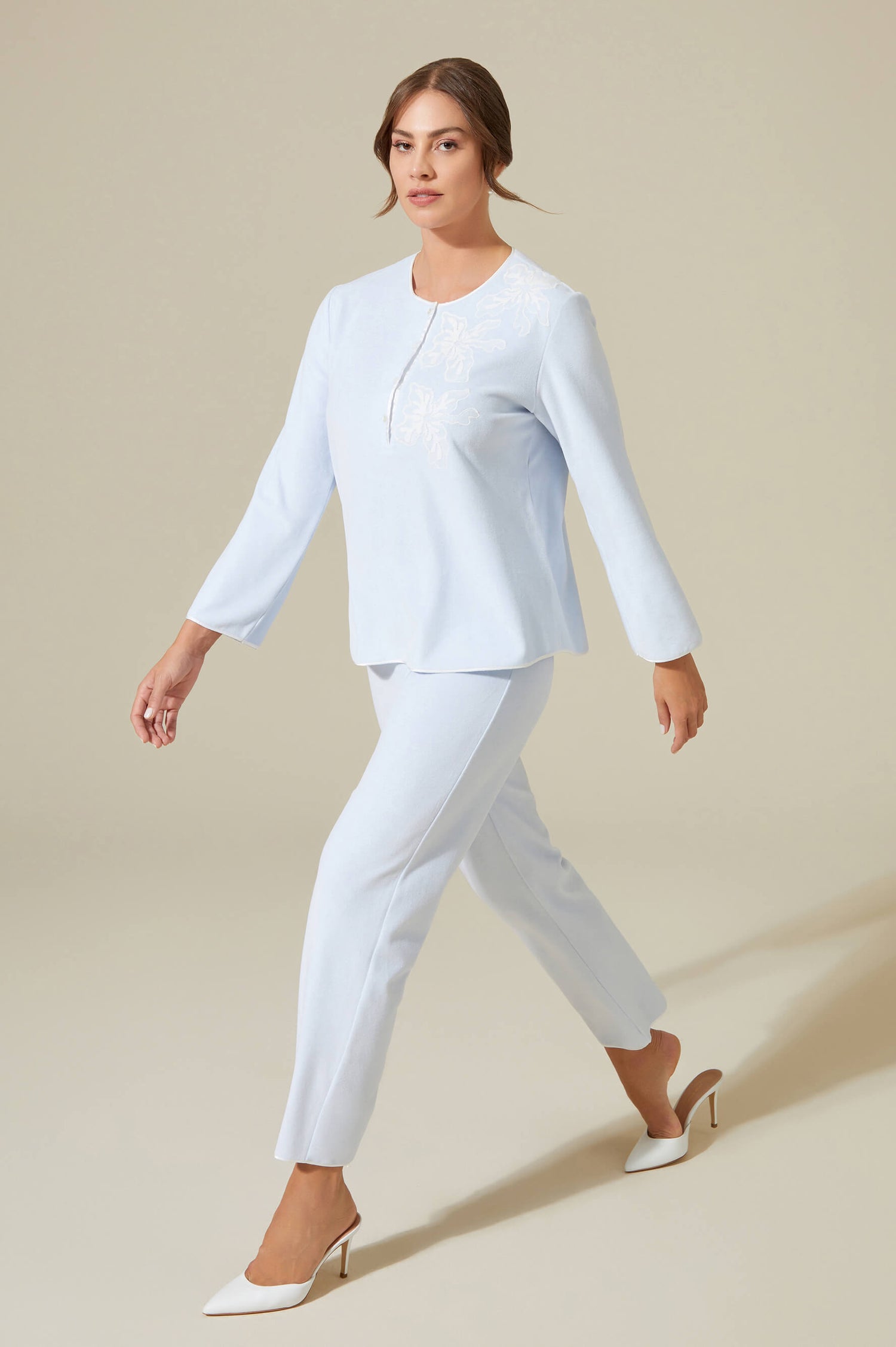 Maya Trimmed and Buttoned Velvet PJ Set - Off White on Baby Blue
