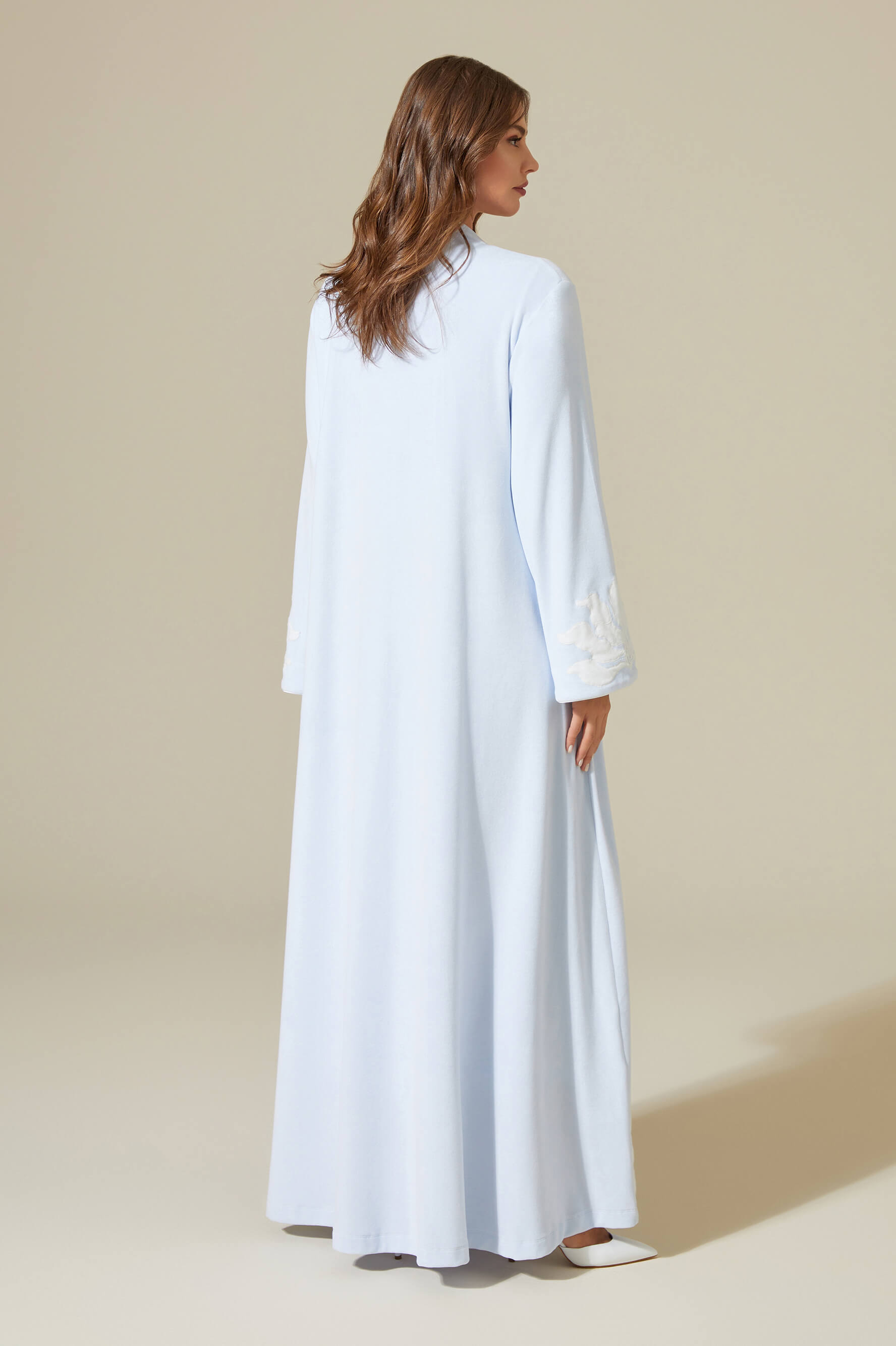 Delphinus Long Velvet Zippered Robe Set with Matching Velvet PJ Set with Button - Off White on Baby Blue
