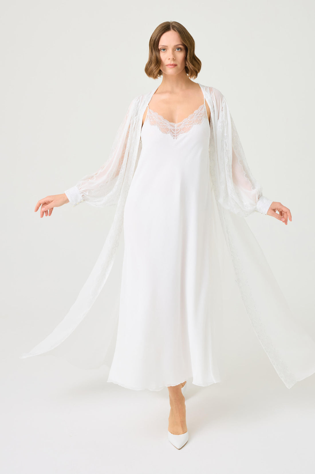 Ora Long Silky Chiffon Robe Set with Silver Lace on Off White